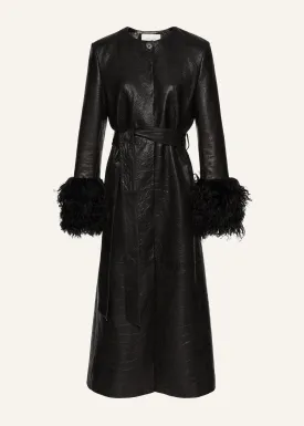 Longline shearling trim coat in black