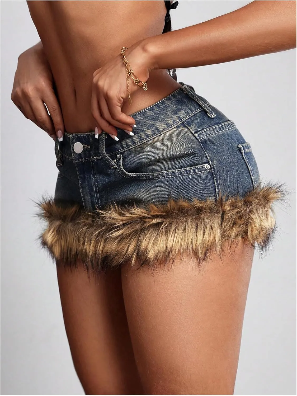 MakeMeChic Women's Y2K Summer Mini Jean Skirt Fuzzy Short Bodycon Denim Skirts with Pocket