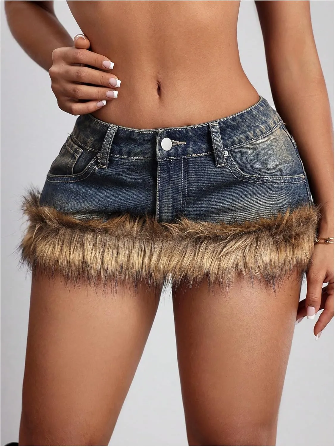 MakeMeChic Women's Y2K Summer Mini Jean Skirt Fuzzy Short Bodycon Denim Skirts with Pocket