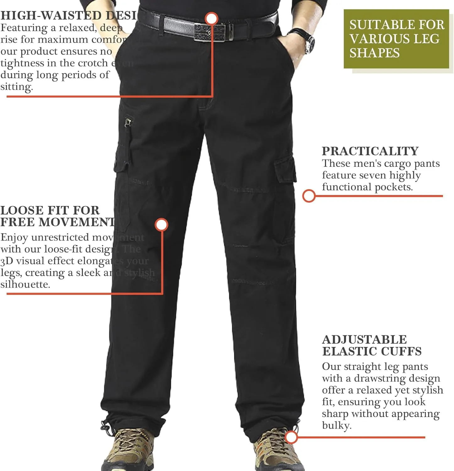 Mens Cargo Pants Elastic Waistband 7 Pockets Hiking Tactical Pants Cotton Cargo Work Pants for Men