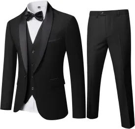 MY'S Mens 3-Piece Suit Shawl Lapel One Button Tuxedo Winter Fabric Slim Fit Dinner Jacket Vest Pants & Tie Set