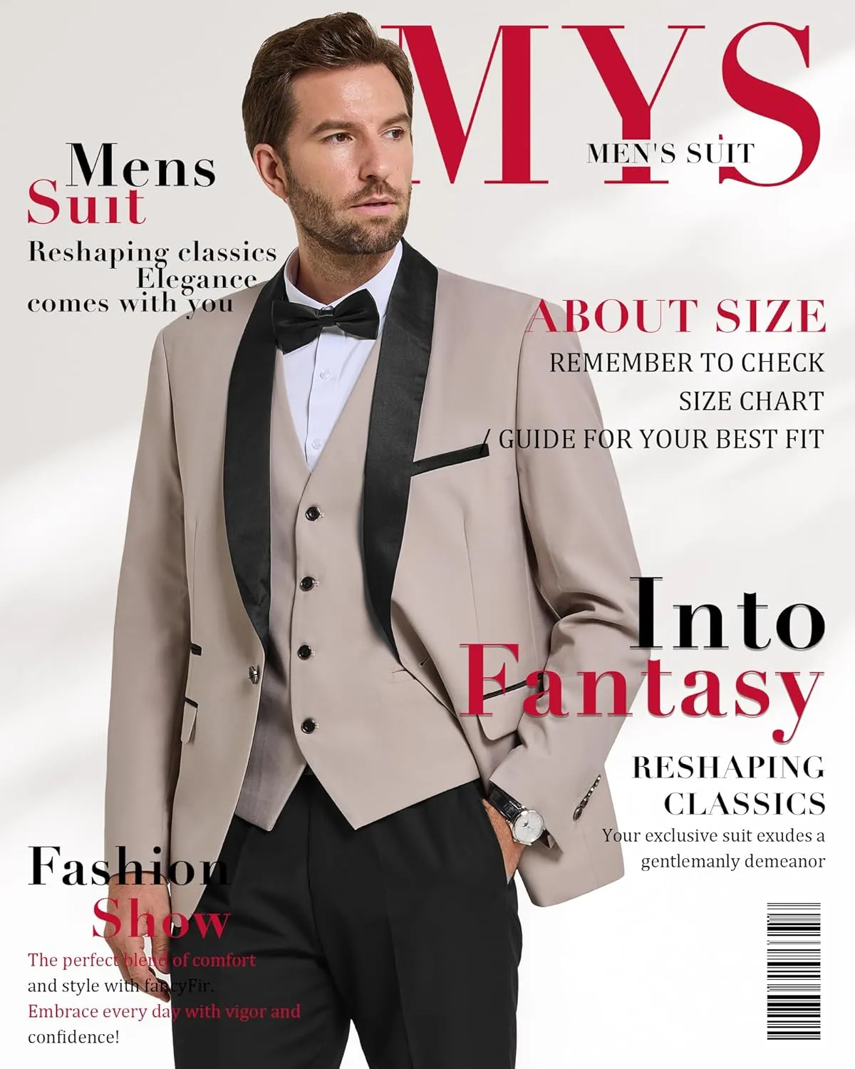 MY'S Mens 3-Piece Suit Shawl Lapel One Button Tuxedo Winter Fabric Slim Fit Dinner Jacket Vest Pants & Tie Set