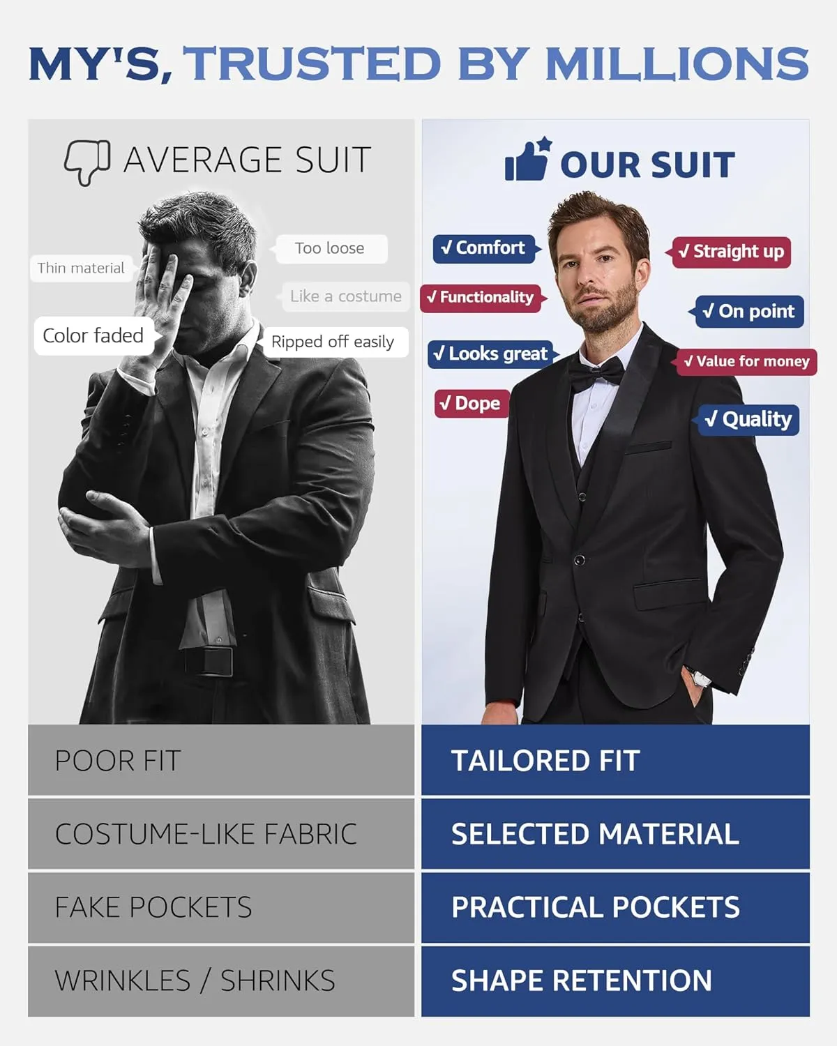 MY'S Mens 3-Piece Suit Shawl Lapel One Button Tuxedo Winter Fabric Slim Fit Dinner Jacket Vest Pants & Tie Set