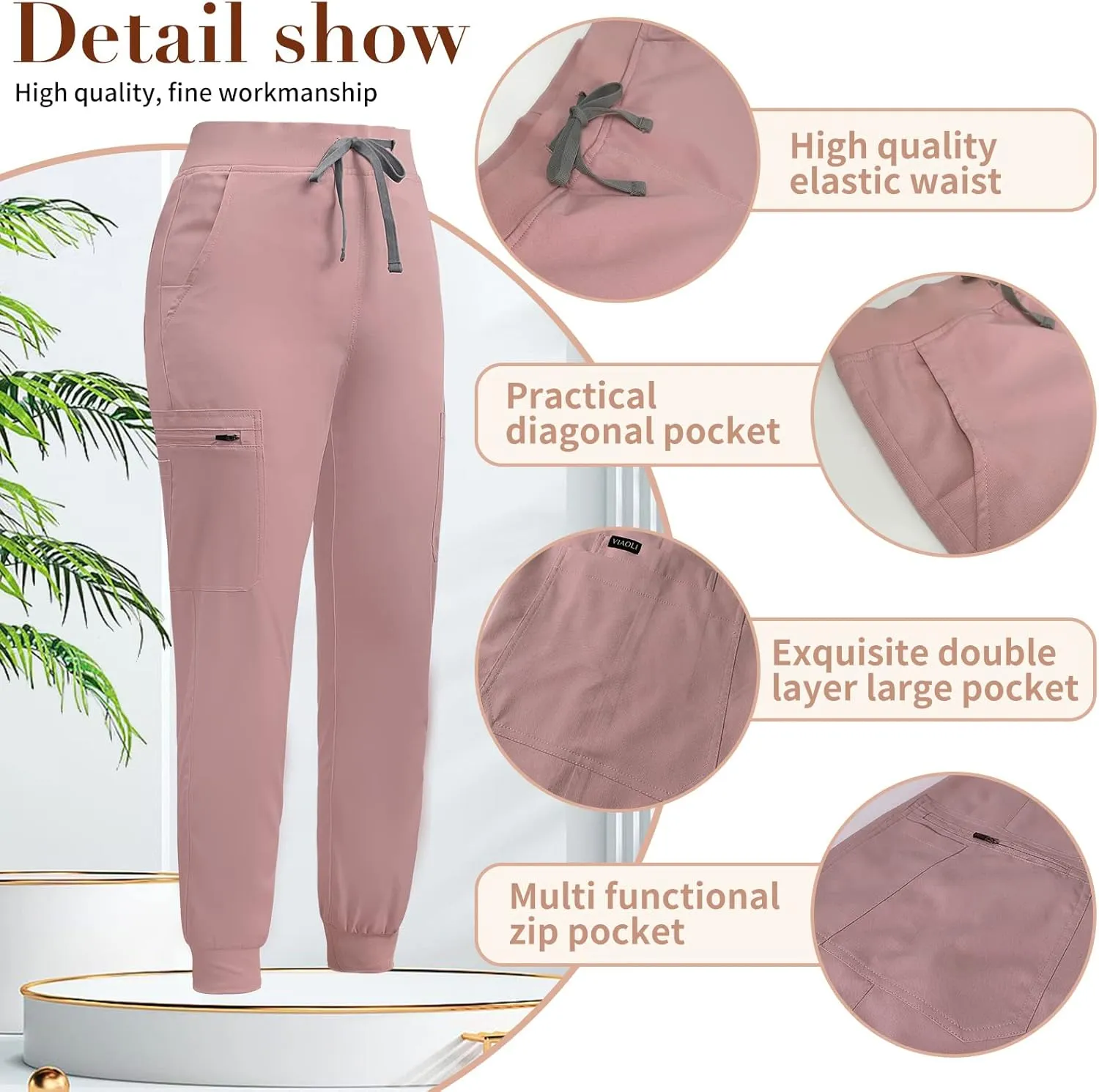 niaahinn Women Jogger Scrubs Pant Workwear Mid Rise Tapered Leg Drawstring for Nursing Soft Fabric