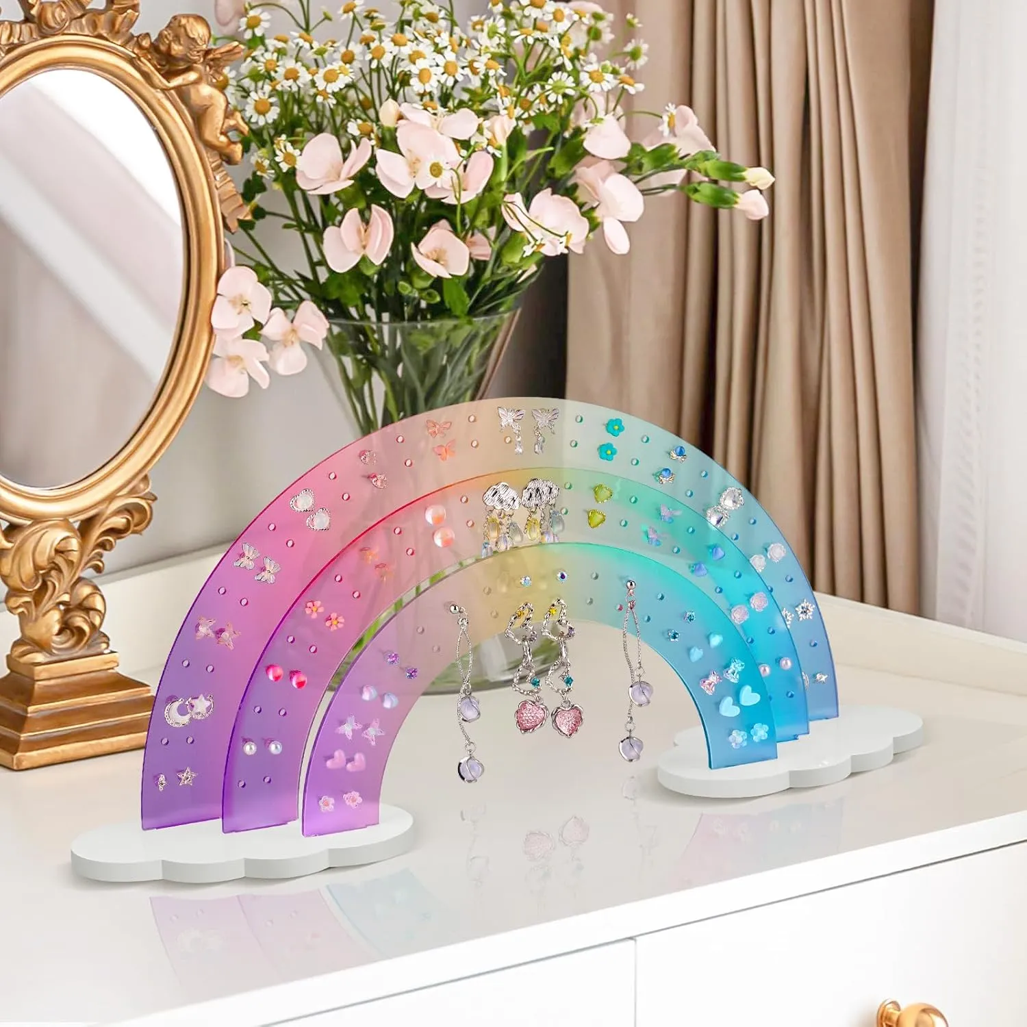 NiHome 3-Tier Gradient Color Acrylic Rainbow Earring Organizer, 14" W x 6.3" H Lightweight and Durable Design 140 Holes for 70 Pairs, Unique Front Row for Special Earrings (Macaron Gradient)