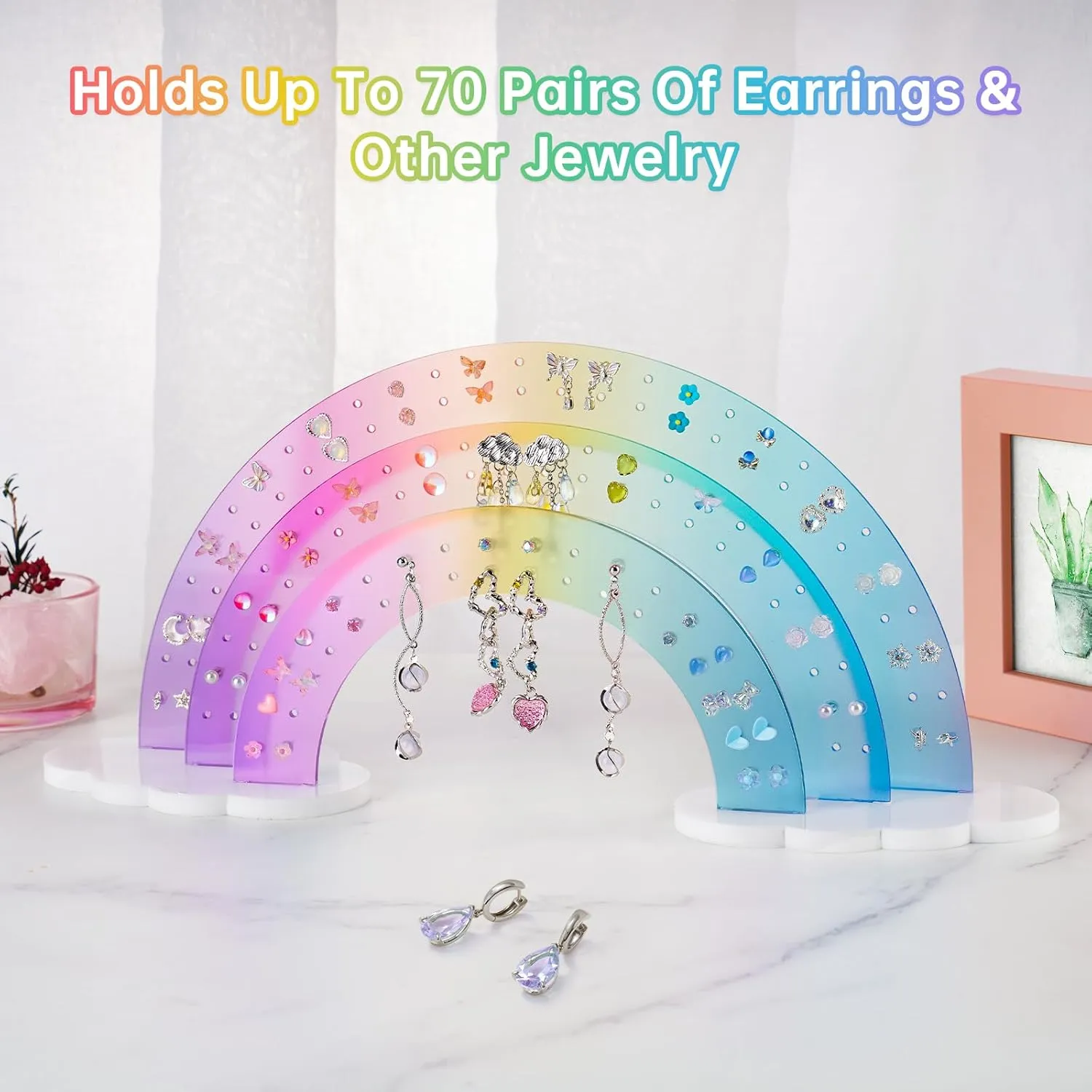 NiHome 3-Tier Gradient Color Acrylic Rainbow Earring Organizer, 14" W x 6.3" H Lightweight and Durable Design 140 Holes for 70 Pairs, Unique Front Row for Special Earrings (Macaron Gradient)