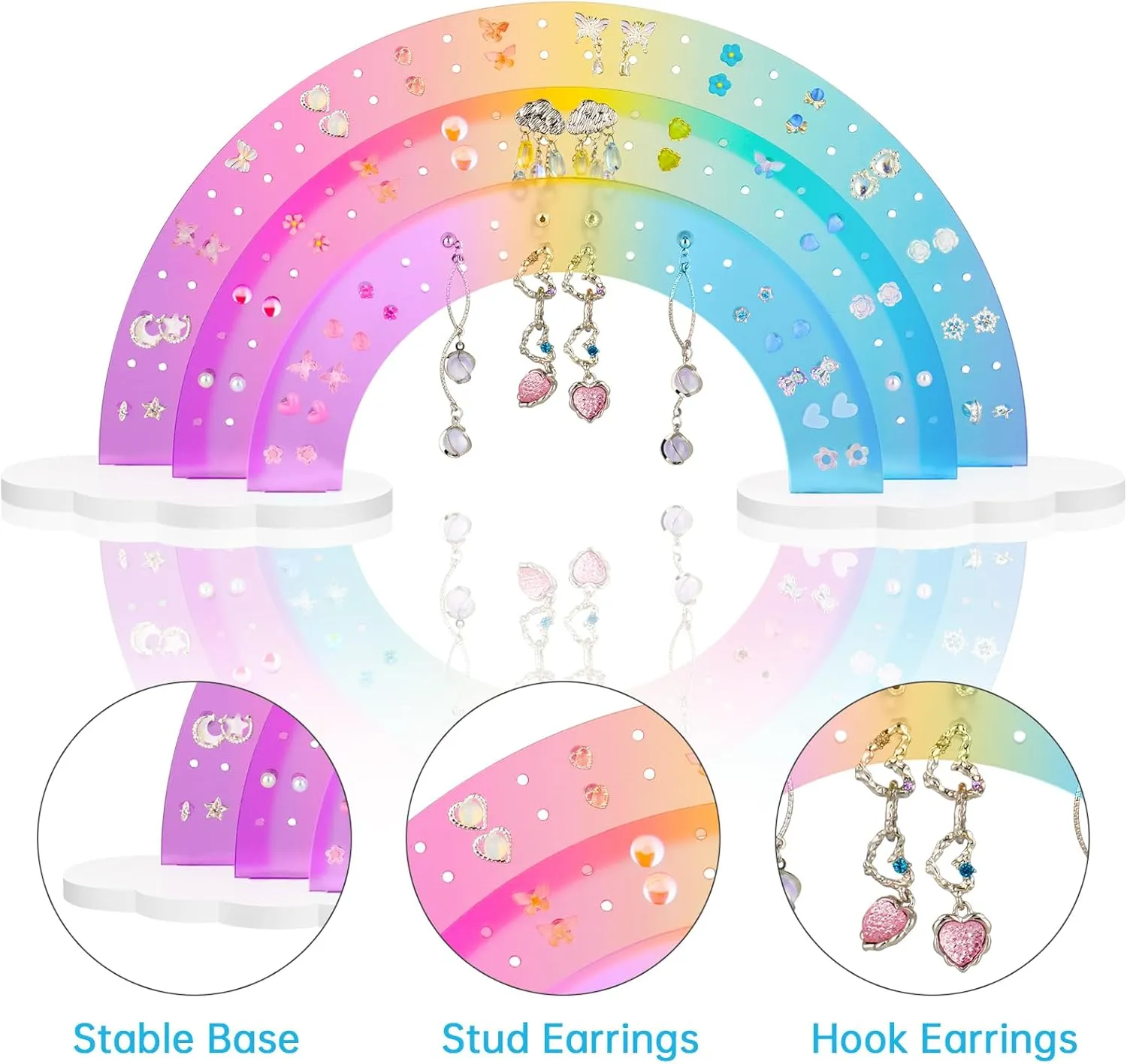 NiHome 3-Tier Gradient Color Acrylic Rainbow Earring Organizer, 14" W x 6.3" H Lightweight and Durable Design 140 Holes for 70 Pairs, Unique Front Row for Special Earrings (Macaron Gradient)
