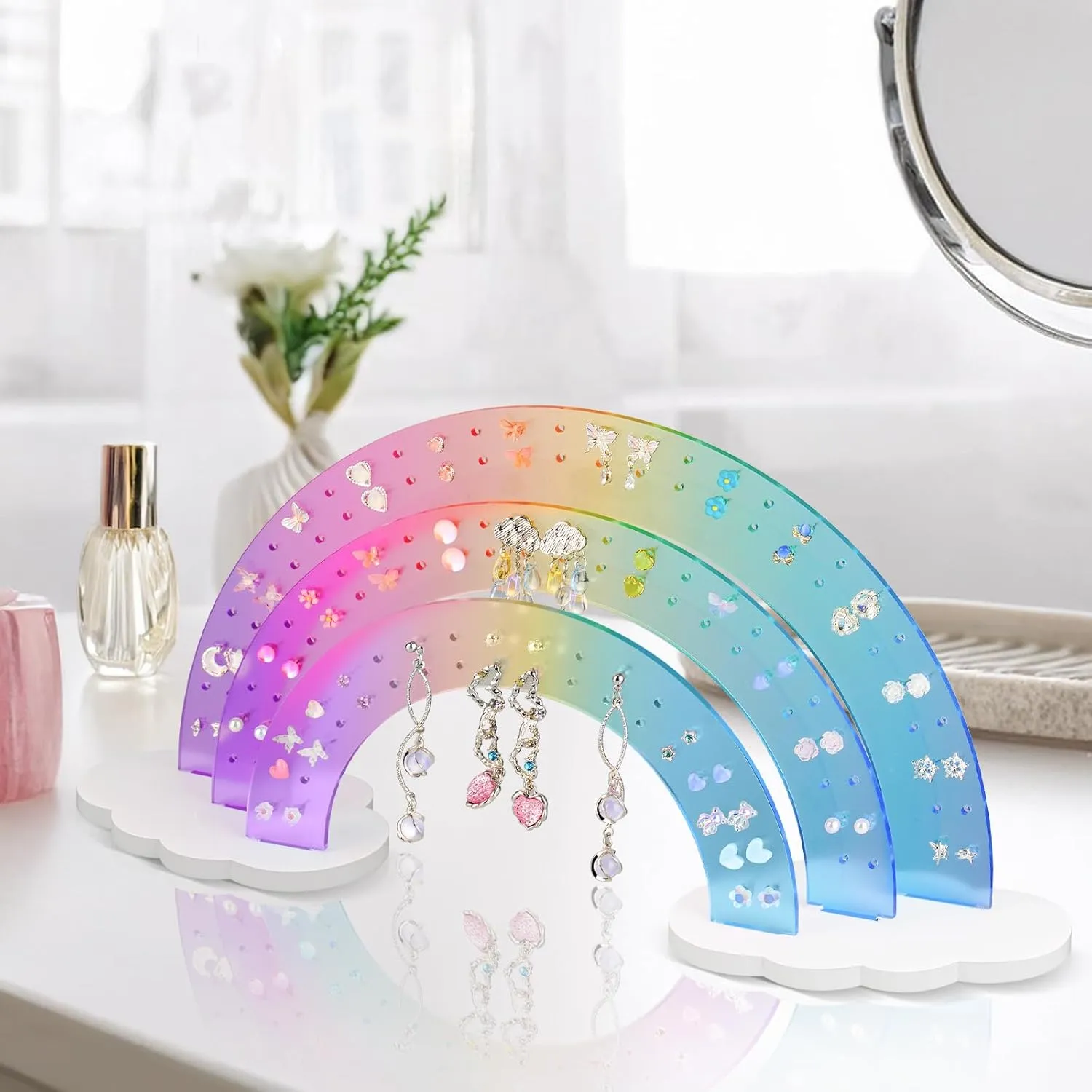 NiHome 3-Tier Gradient Color Acrylic Rainbow Earring Organizer, 14" W x 6.3" H Lightweight and Durable Design 140 Holes for 70 Pairs, Unique Front Row for Special Earrings (Macaron Gradient)