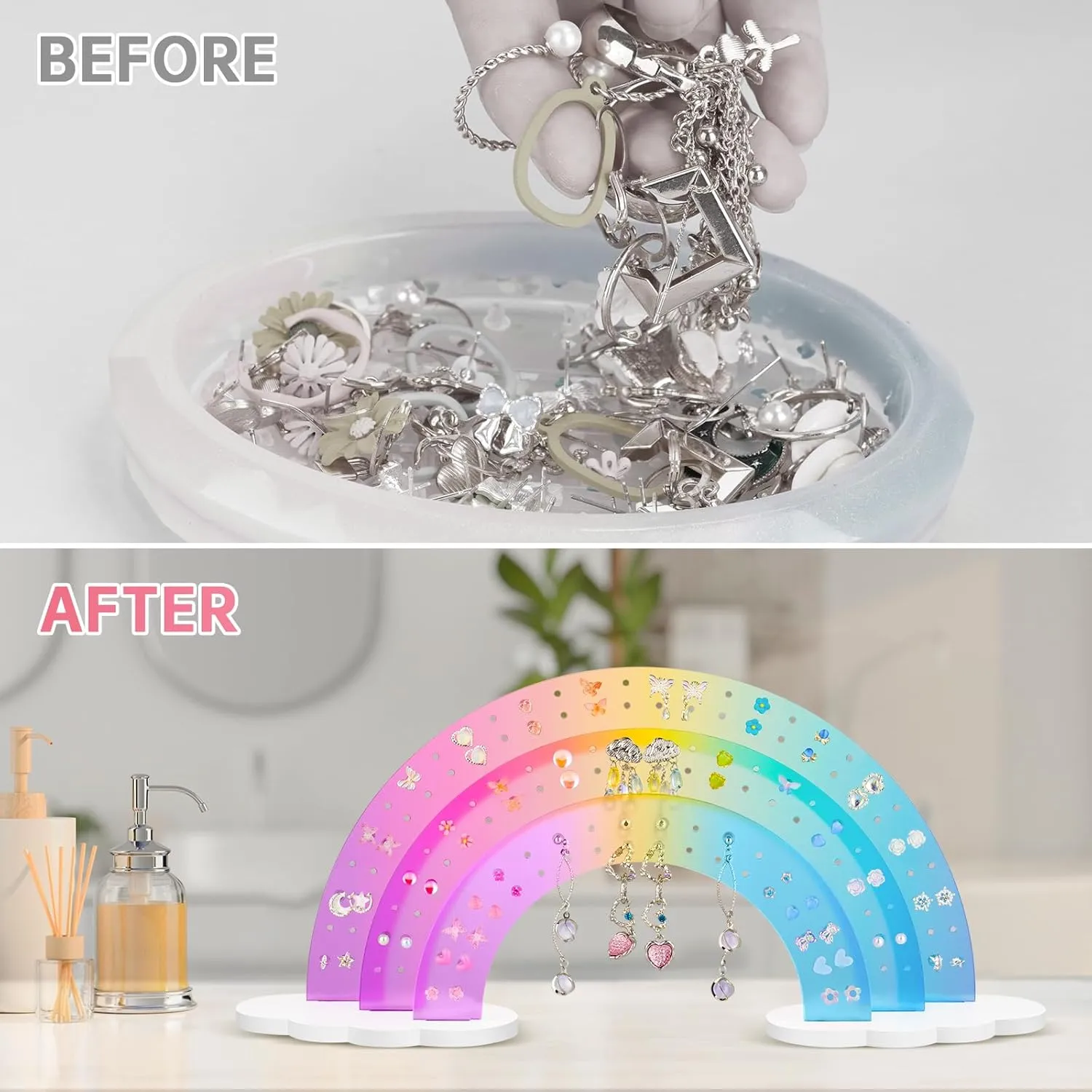 NiHome 3-Tier Gradient Color Acrylic Rainbow Earring Organizer, 14" W x 6.3" H Lightweight and Durable Design 140 Holes for 70 Pairs, Unique Front Row for Special Earrings (Macaron Gradient)