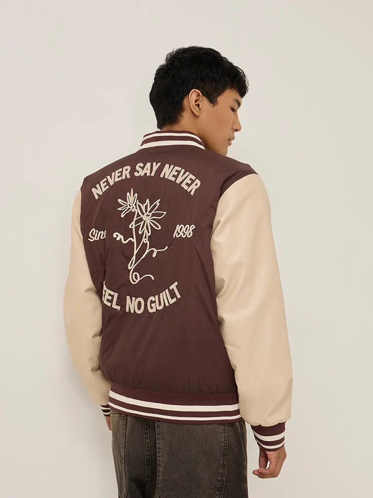 Nuon Brown Text Design Relaxed-Fit Jacket