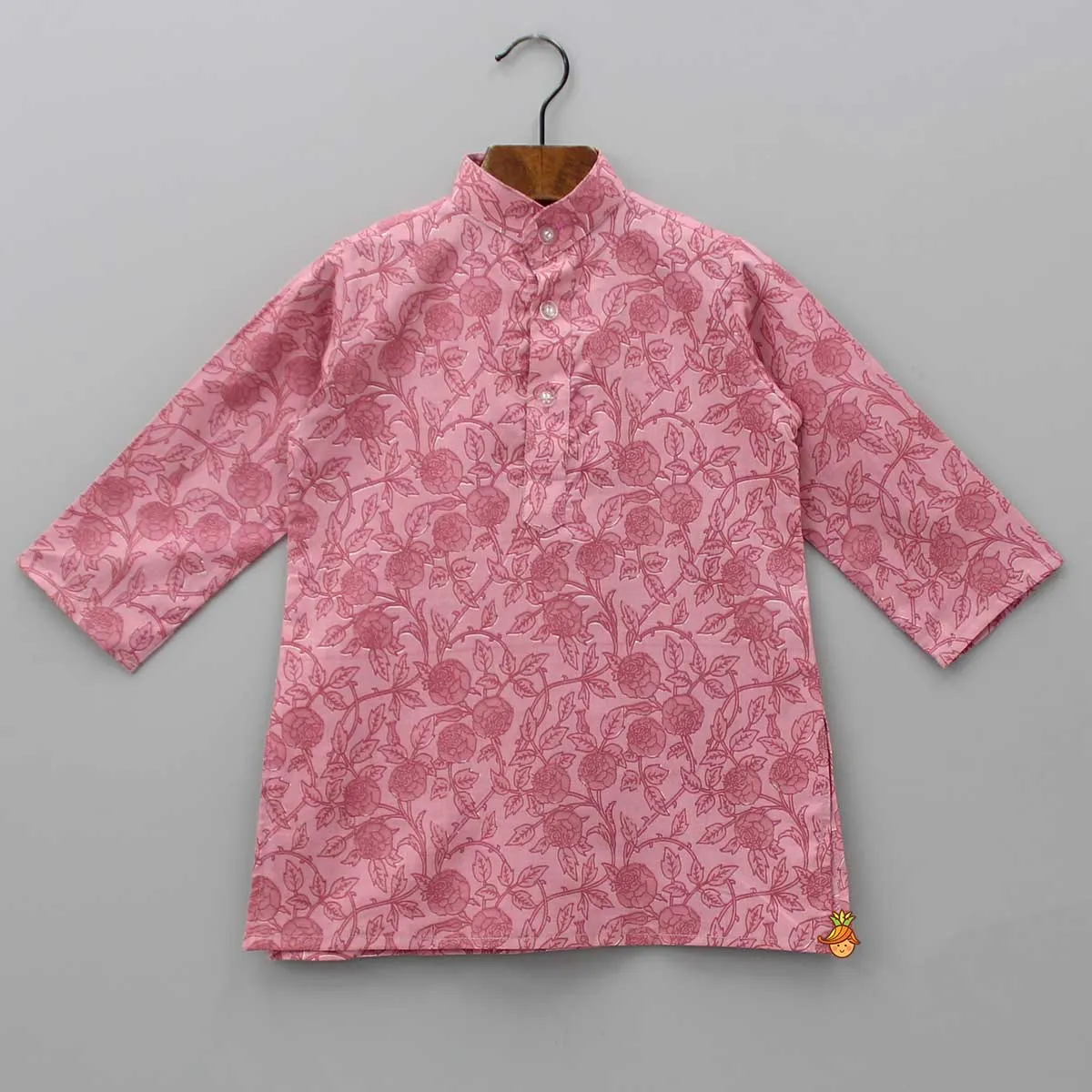Printed Pink Kurta With Wavy Embroidered Jacket And Churidar