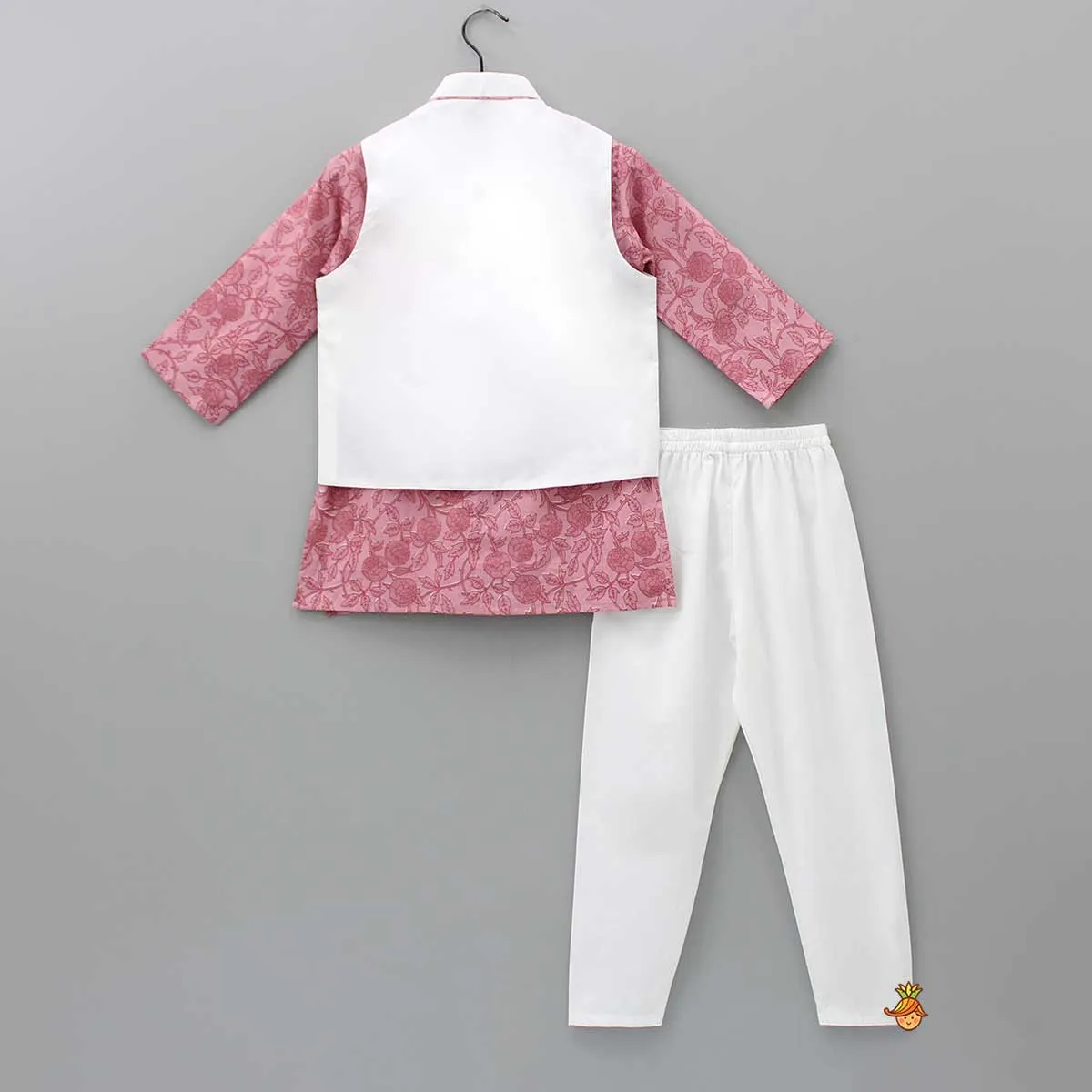 Printed Pink Kurta With Wavy Embroidered Jacket And Churidar