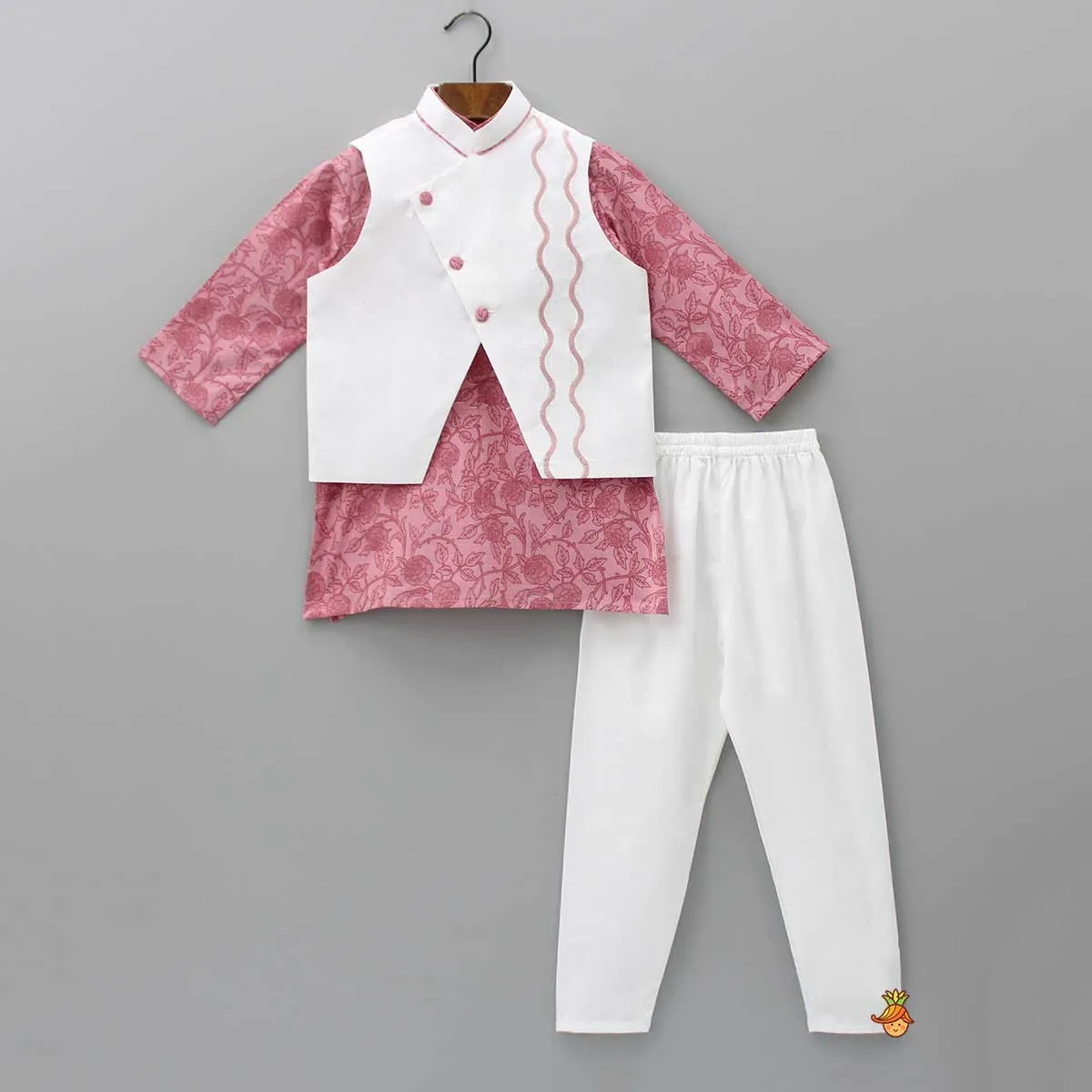 Printed Pink Kurta With Wavy Embroidered Jacket And Churidar