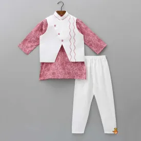 Printed Pink Kurta With Wavy Embroidered Jacket And Churidar