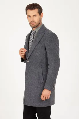 Regular Fit Peaked Lapel Wool & Cashmere Gray Overcoat