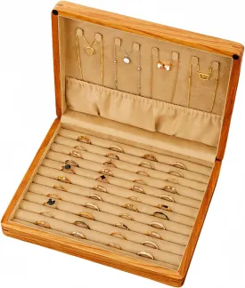 Ring Organizer Display Case, Soild Wood Cufflink Box with Velvet Lining, Wooden Jewelry Case for Rings Earrings Cuff link Stackable Vintage Gift for Men Women -Khaki