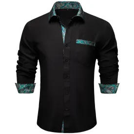 Splicing Style Black with Lake Blue Paisley Edge Men's Solid Long Sleeve Shirt