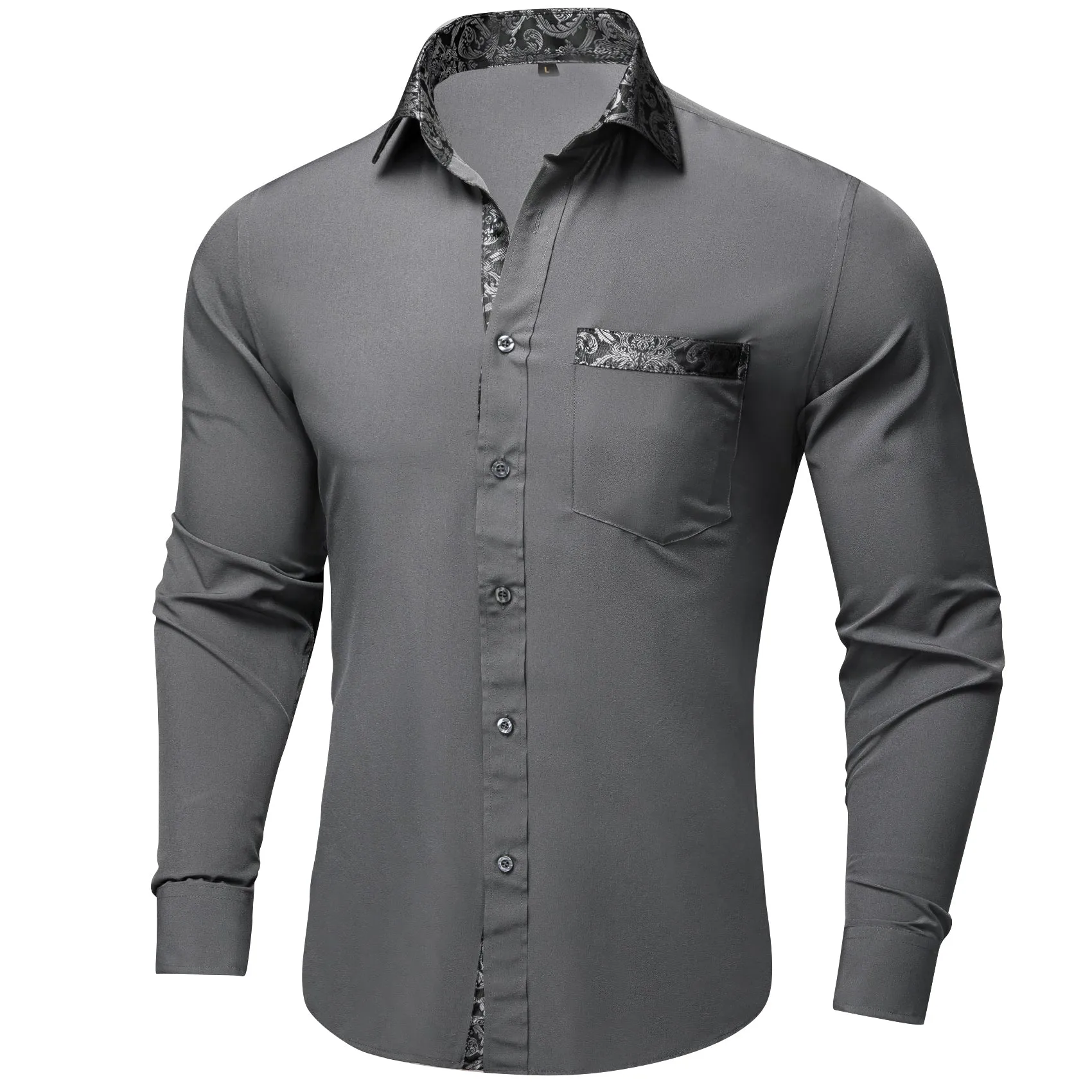 Splicing Style Grey with Black Paisley Edge Men's Solid Long Sleeve Shirt