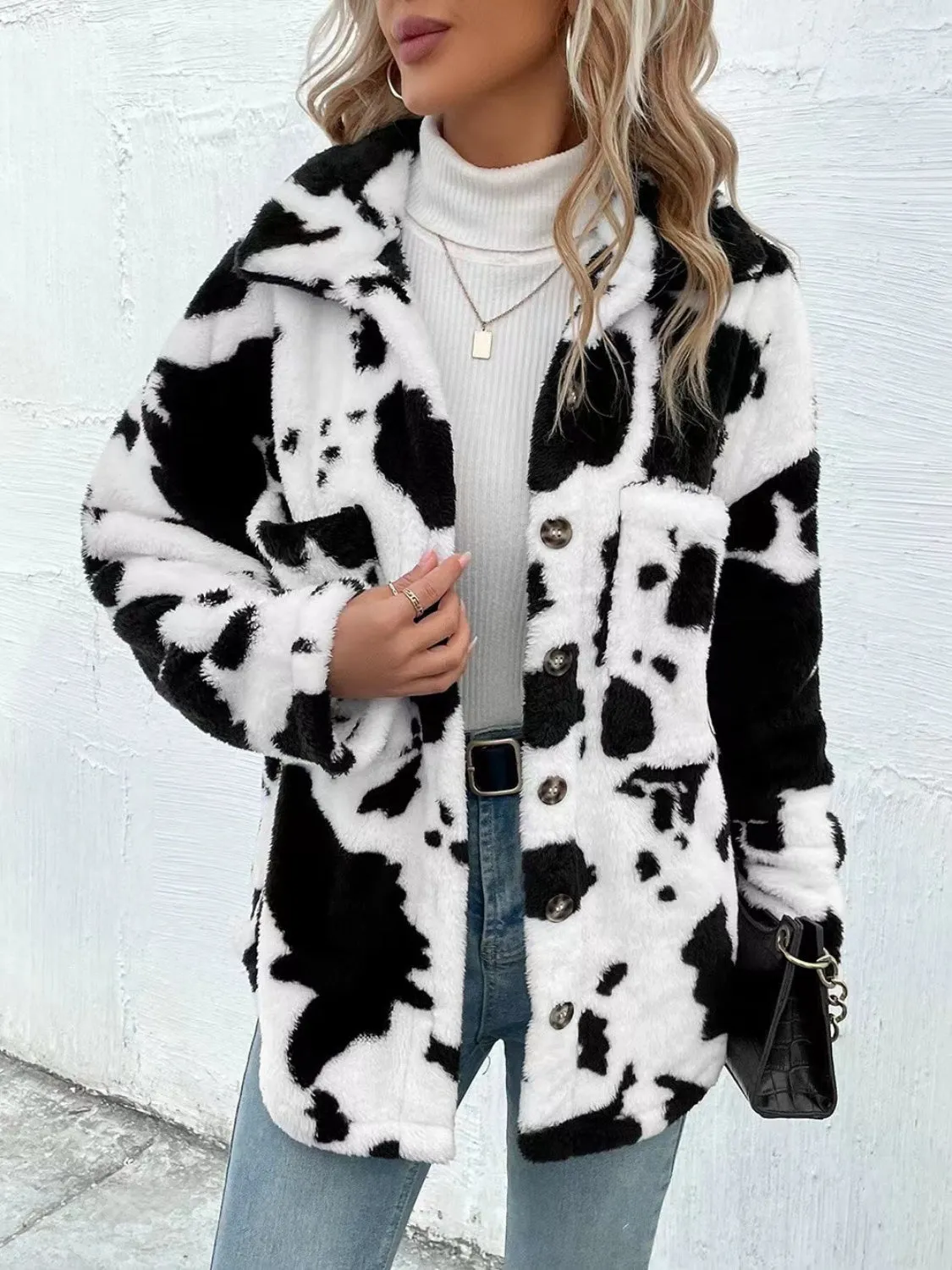 TEEK - Cow Print Collared Neck Button Up Fuzzy Jacket
