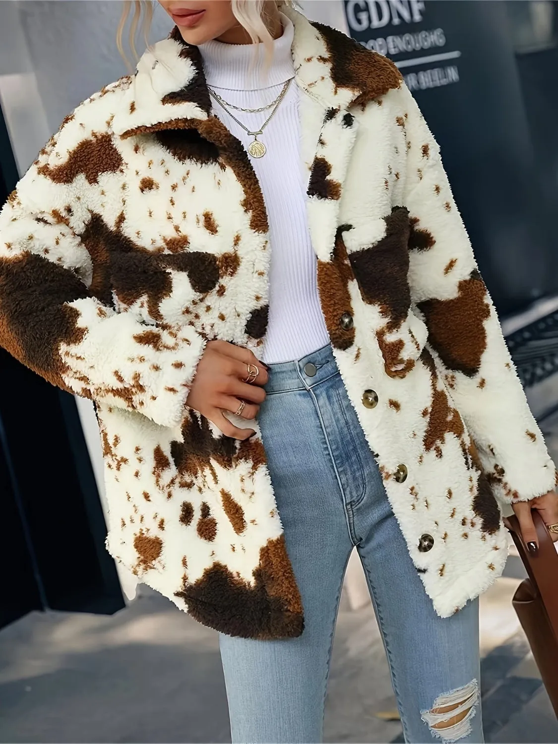 TEEK - Cow Print Collared Neck Button Up Fuzzy Jacket