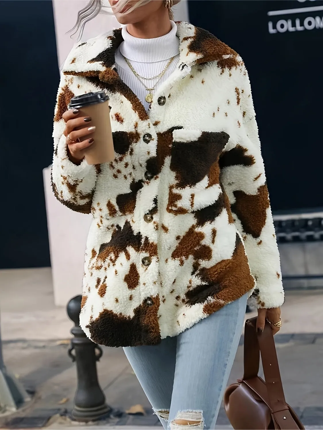 TEEK - Cow Print Collared Neck Button Up Fuzzy Jacket