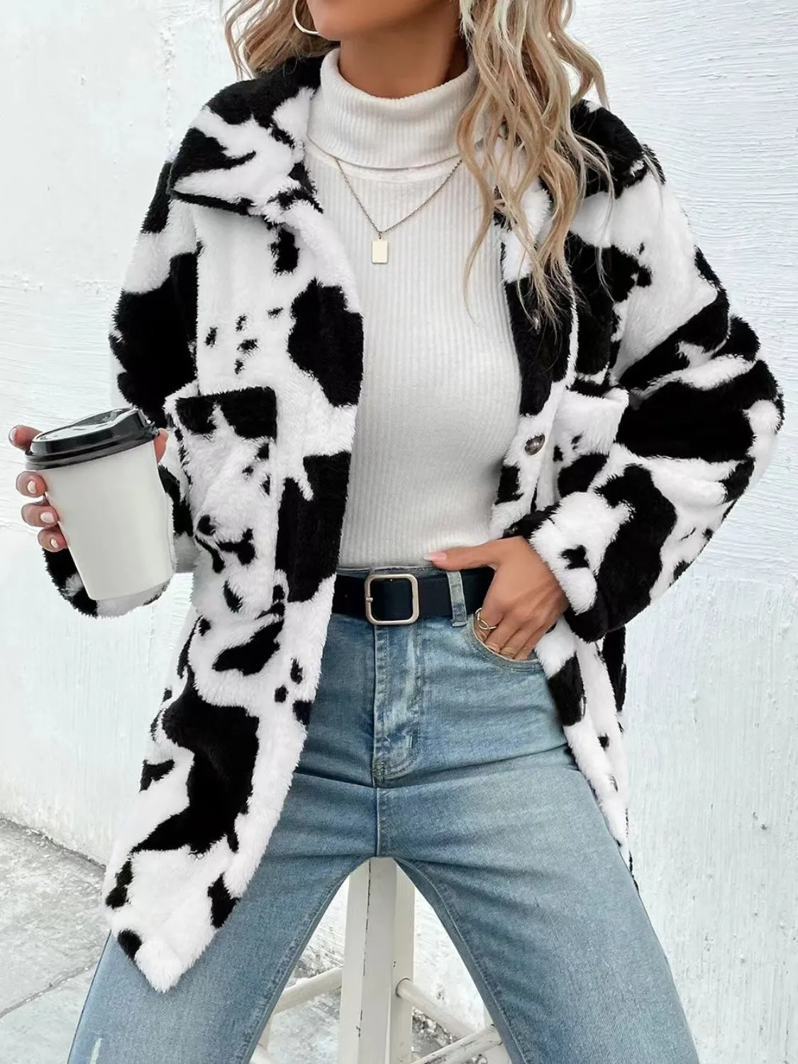 TEEK - Cow Print Collared Neck Button Up Fuzzy Jacket