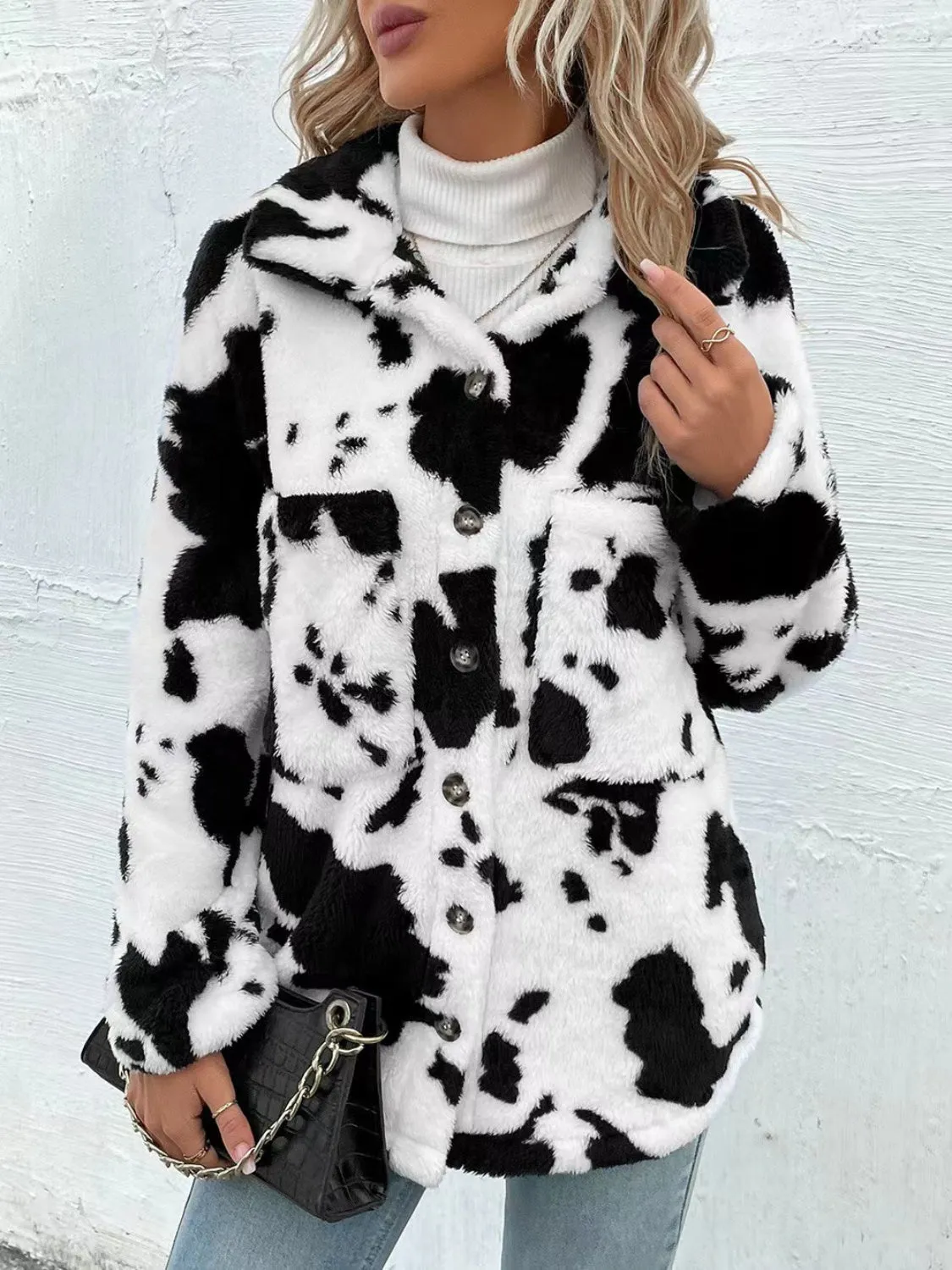 TEEK - Cow Print Collared Neck Button Up Fuzzy Jacket