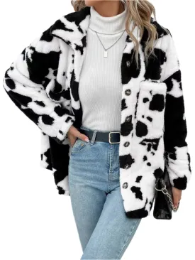TEEK - Cow Print Collared Neck Button Up Fuzzy Jacket