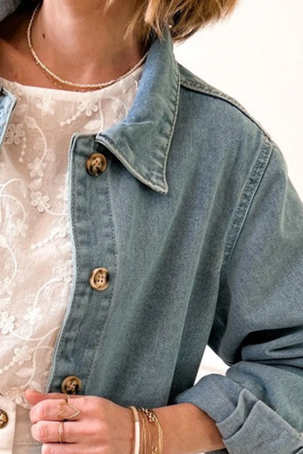 TEEK - Pocketed Button Up Long Sleeve Denim Jacket