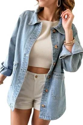 TEEK - Pocketed Button Up Long Sleeve Denim Jacket