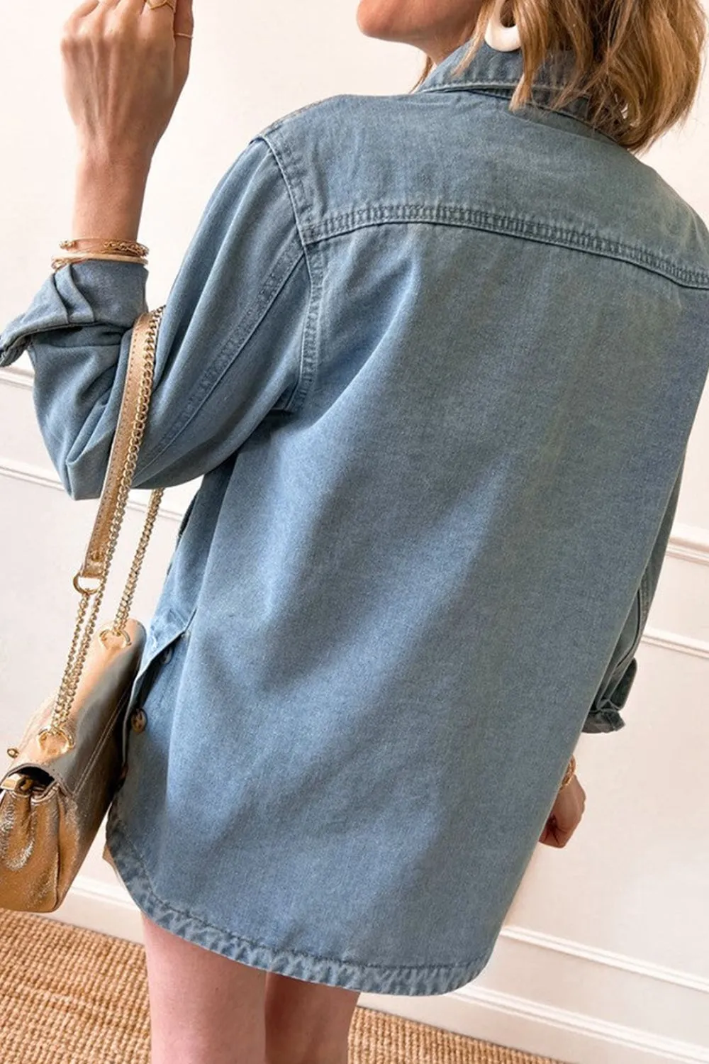 TEEK - Pocketed Button Up Long Sleeve Denim Jacket
