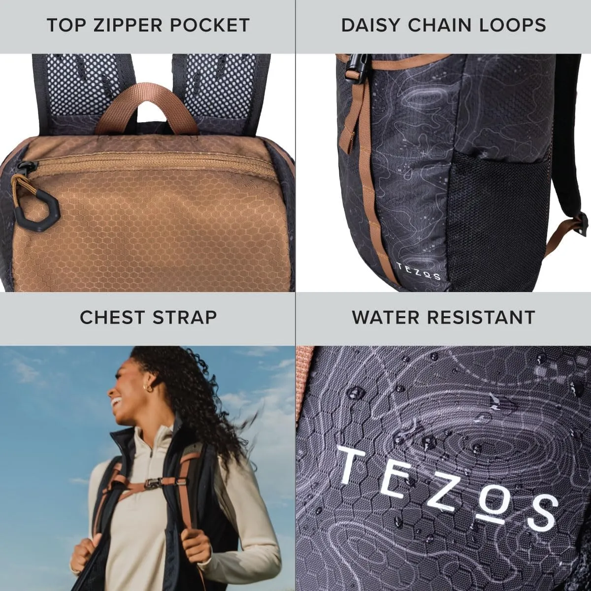 Tezos Juniper Daypack, Lightweight Hiking Backpack and Hydration Pack for Camping, Travel, Biking, and the Outdoors, 16 Liter (Black Topo)