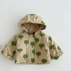 Insulated Winter Jacket with Hood and Tree Print Design