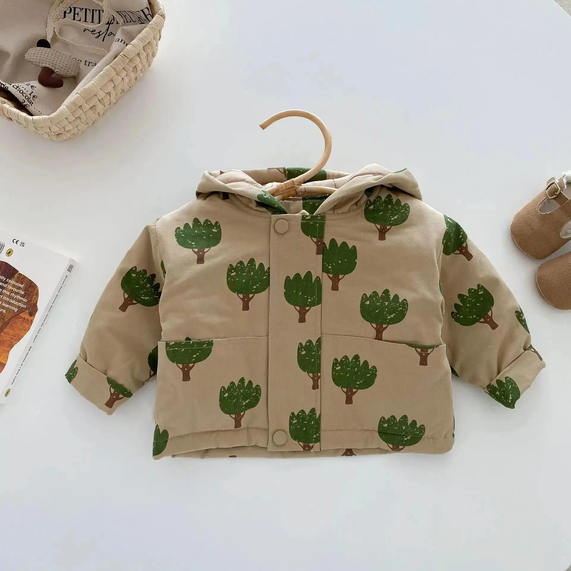 Insulated Winter Jacket with Hood and Tree Print Design