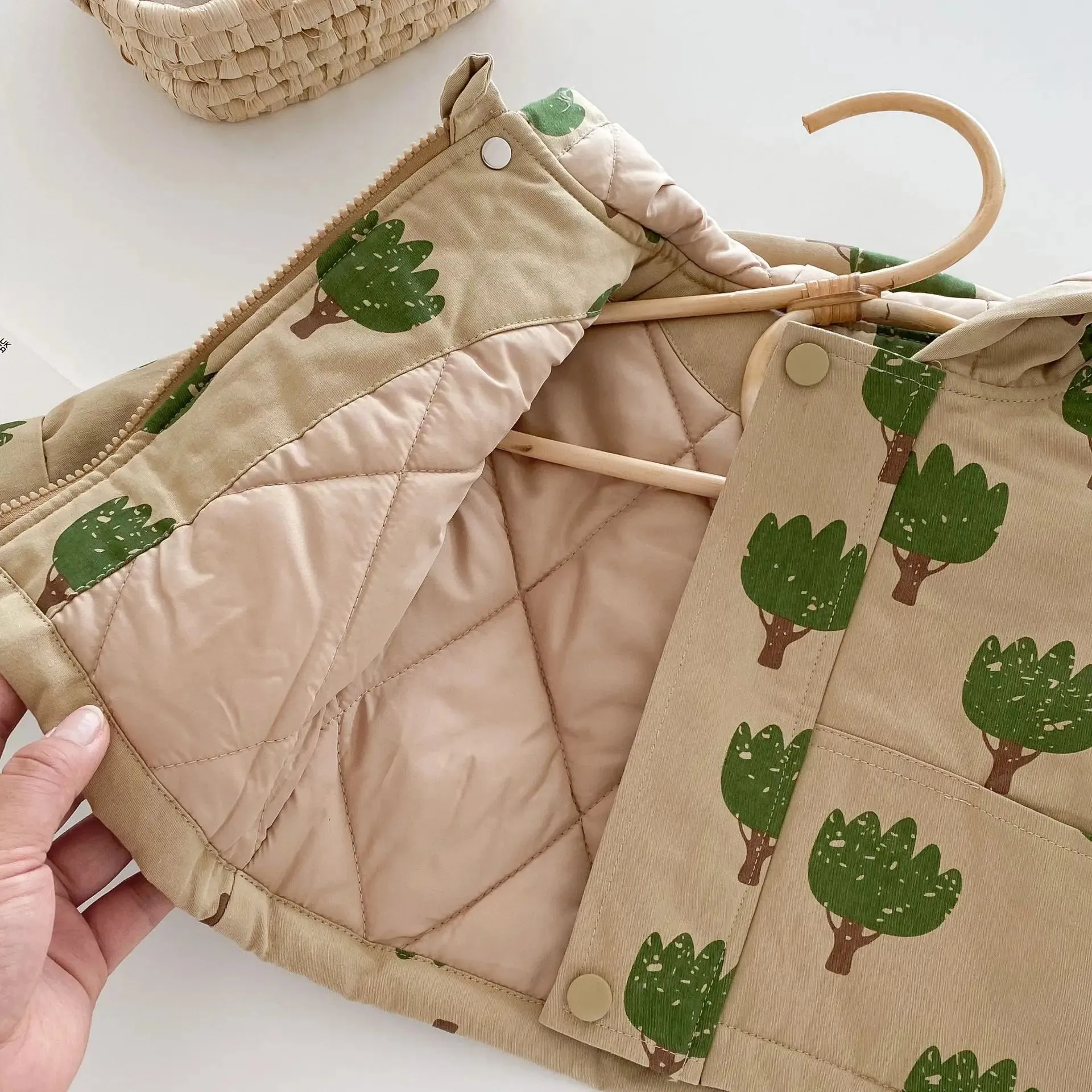 Insulated Winter Jacket with Hood and Tree Print Design