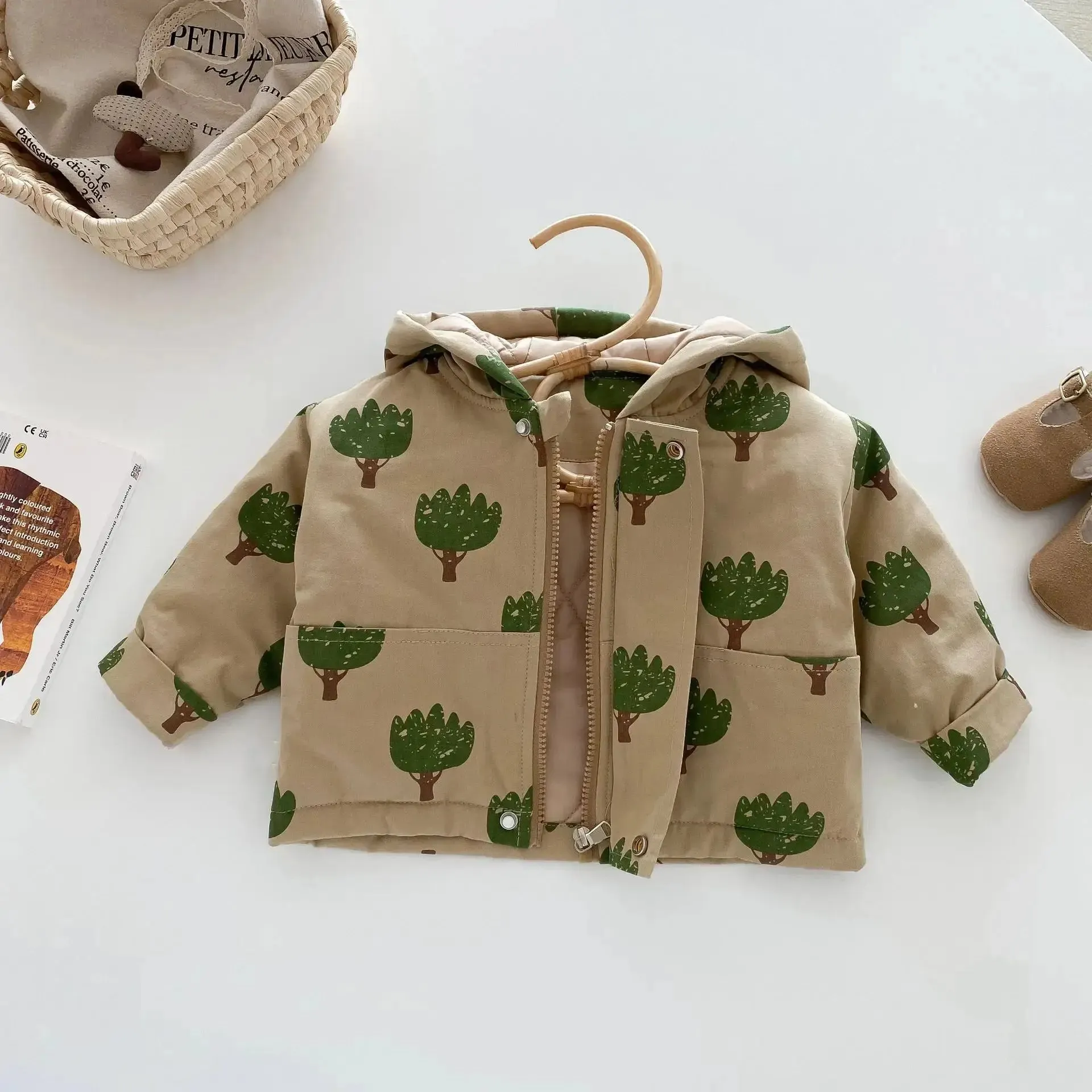 Insulated Winter Jacket with Hood and Tree Print Design