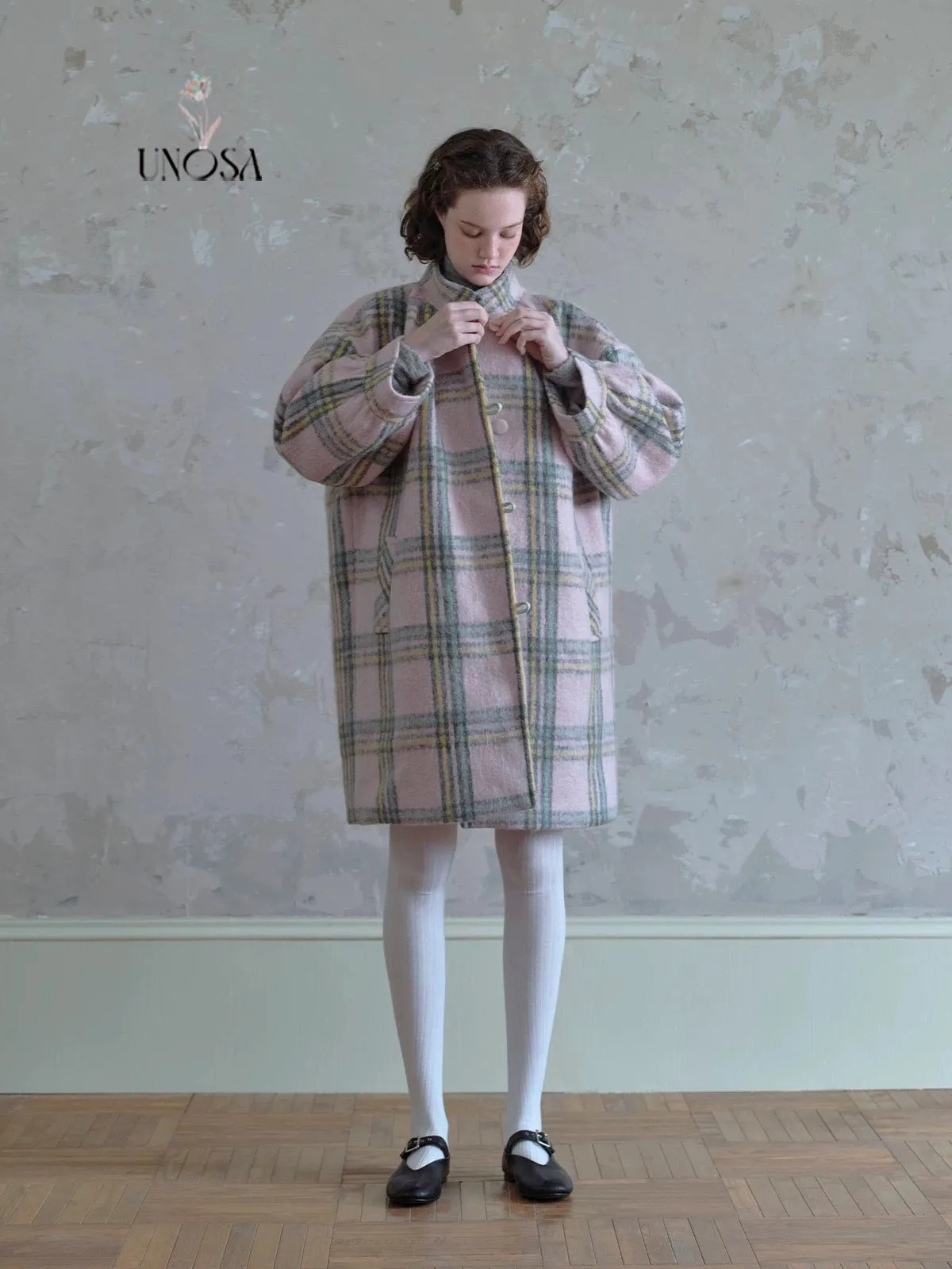 [UNOSA] A Pretty Mess Check Pattern Oversized Coat