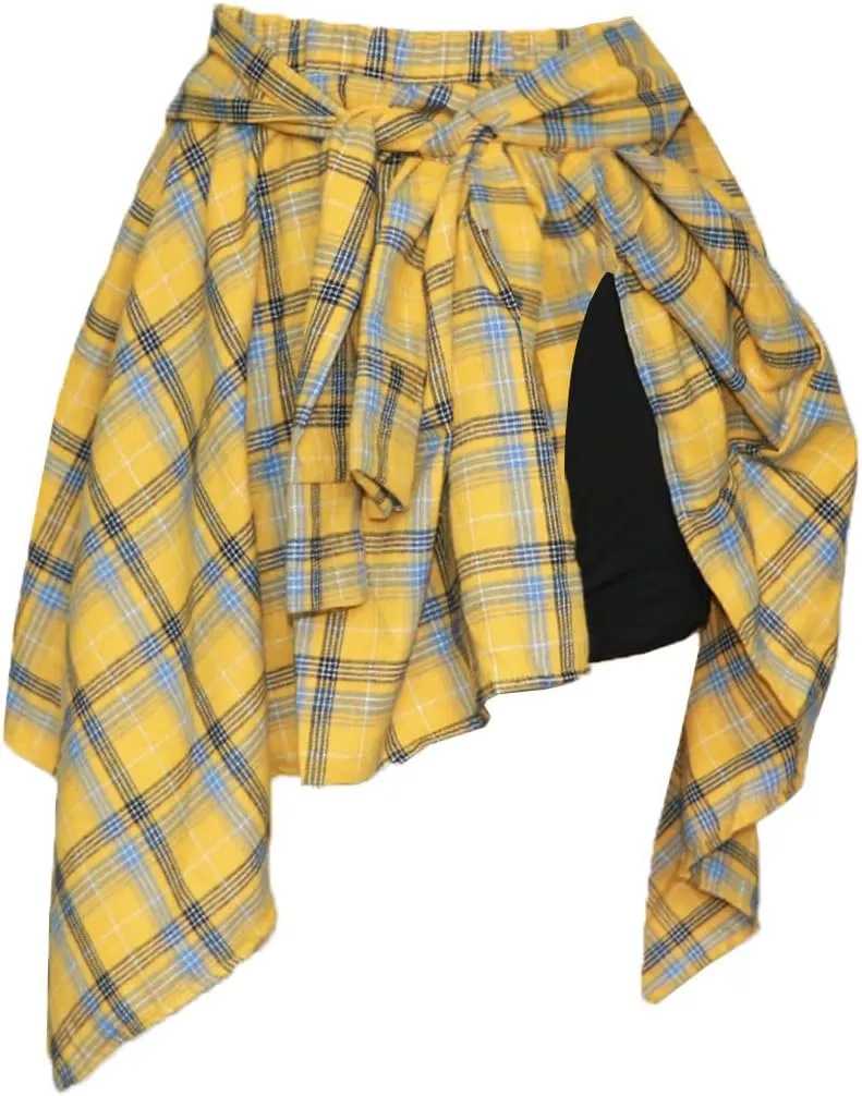 Women's Plaid Skorts Skirts - High Waisted Tie Front Pleated Summer Asymmetrical Skirt with Shorts