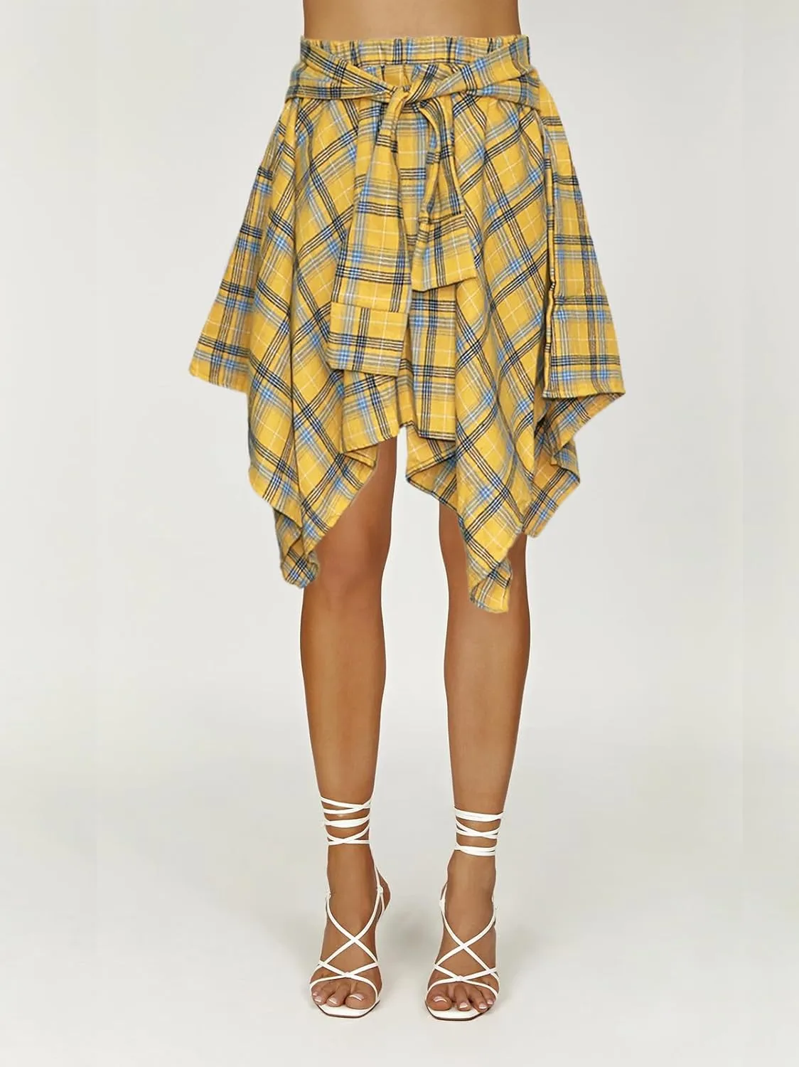 Women's Plaid Skorts Skirts - High Waisted Tie Front Pleated Summer Asymmetrical Skirt with Shorts