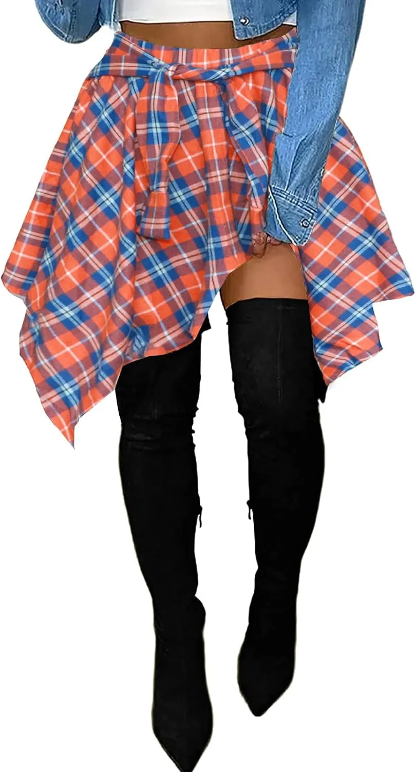 Women's Plaid Skorts Skirts - High Waisted Tie Front Pleated Summer Asymmetrical Skirt with Shorts