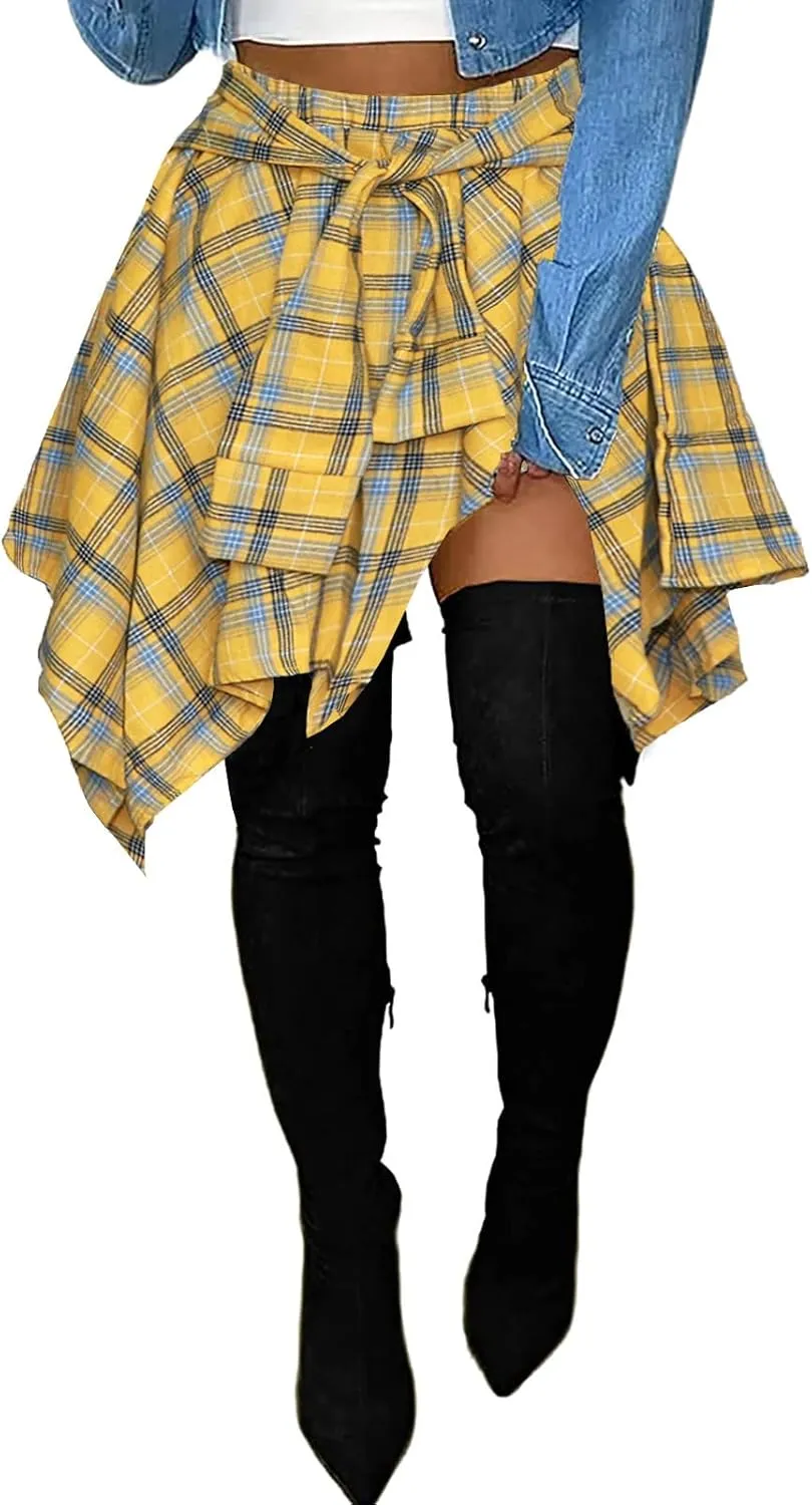 Women's Plaid Skorts Skirts - High Waisted Tie Front Pleated Summer Asymmetrical Skirt with Shorts