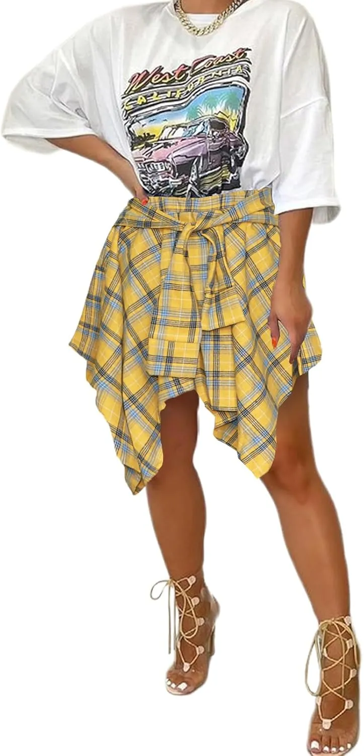 Women's Plaid Skorts Skirts - High Waisted Tie Front Pleated Summer Asymmetrical Skirt with Shorts