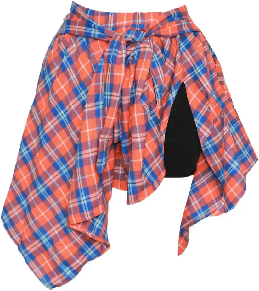 Women's Plaid Skorts Skirts - High Waisted Tie Front Pleated Summer Asymmetrical Skirt with Shorts