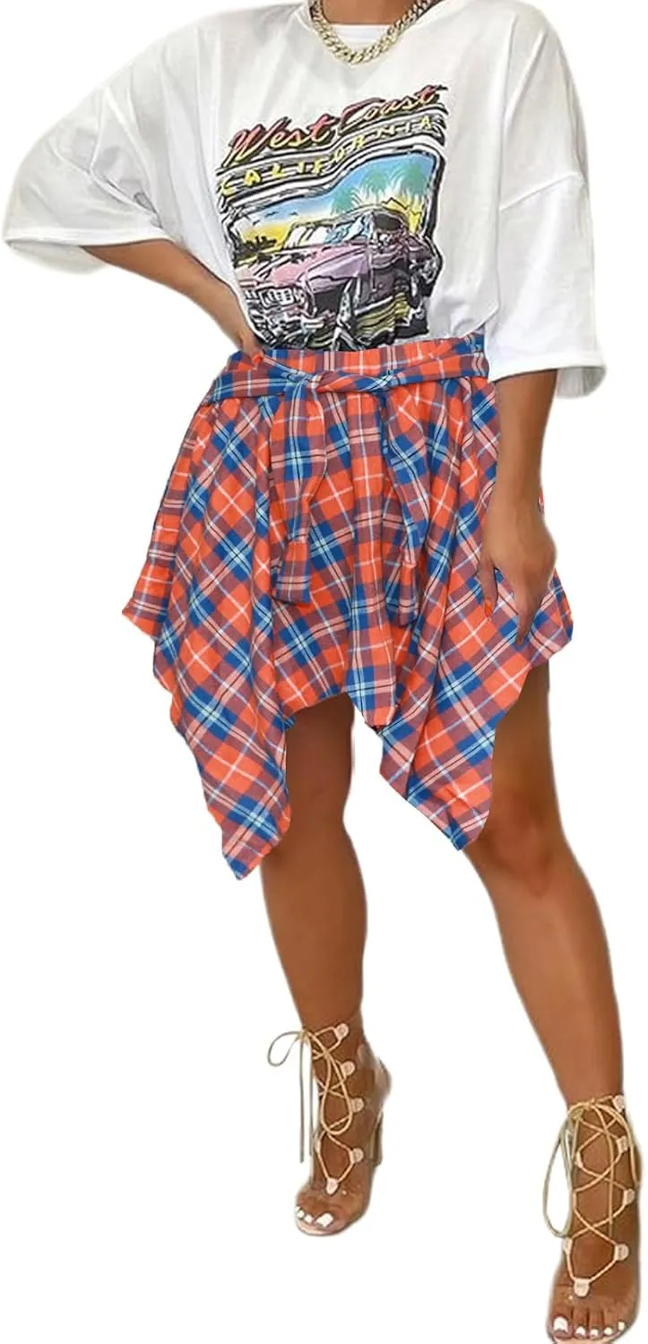 Women's Plaid Skorts Skirts - High Waisted Tie Front Pleated Summer Asymmetrical Skirt with Shorts
