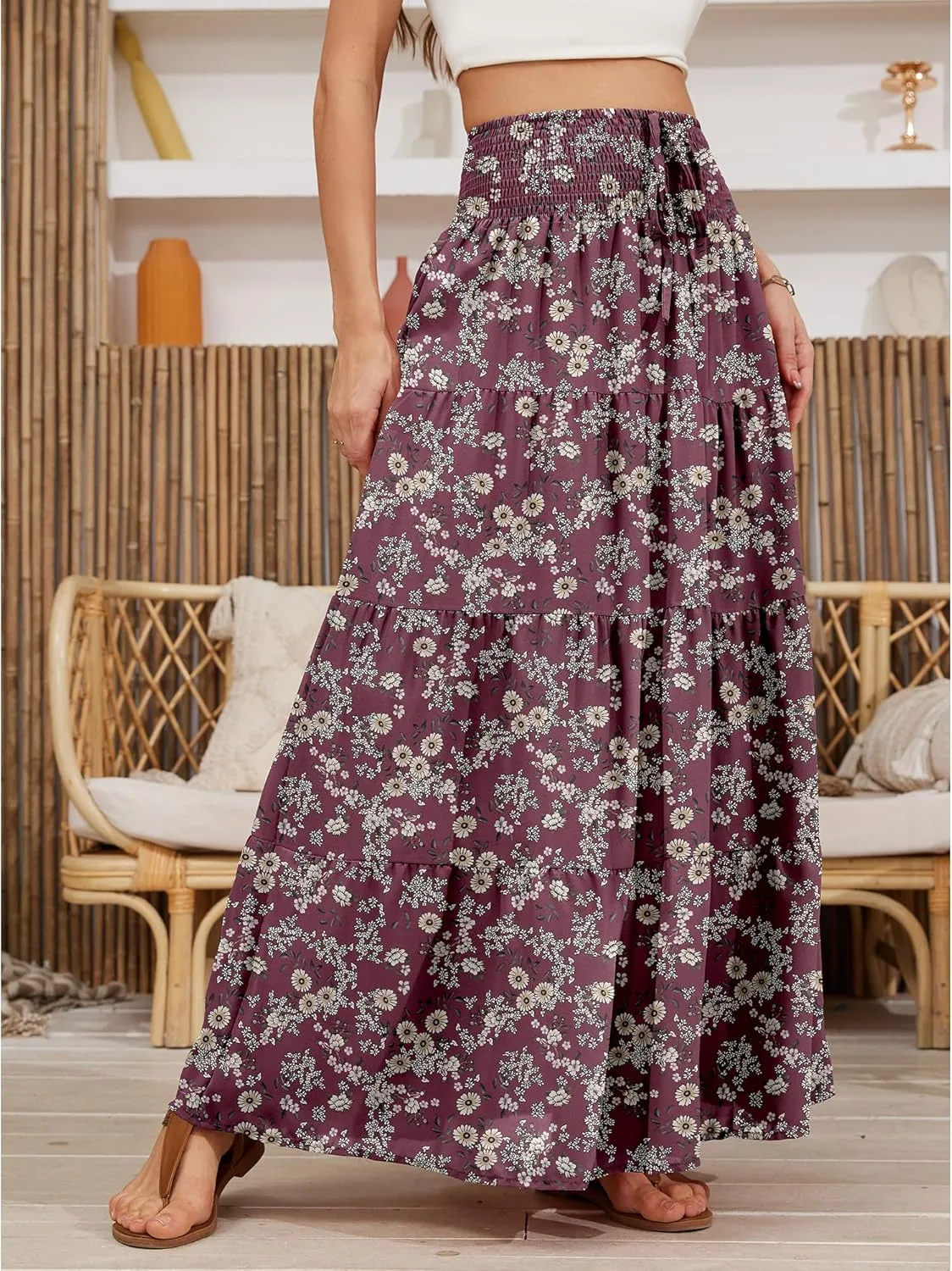Womens Ruffle Maxi Skirts:High-Waist Elastic Pleated Long Skirt-Summer Casual Boho Flowy Skirts with Drawstring