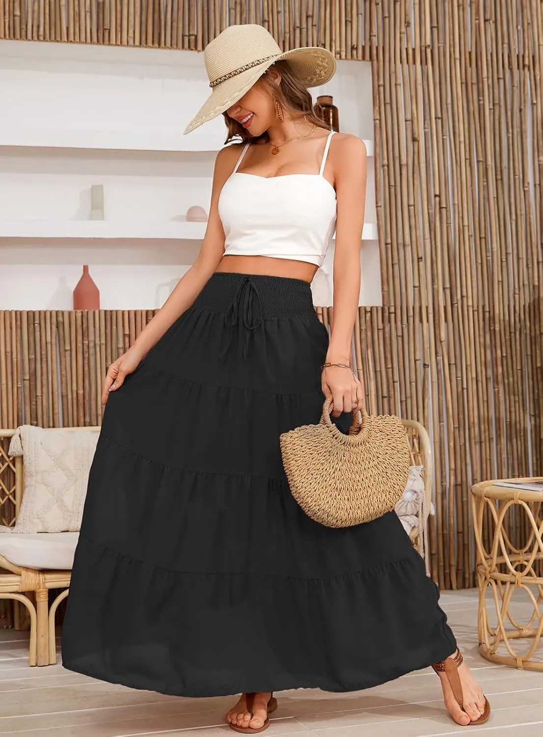 Womens Ruffle Maxi Skirts:High-Waist Elastic Pleated Long Skirt-Summer Casual Boho Flowy Skirts with Drawstring