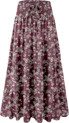 Womens Ruffle Maxi Skirts:High-Waist Elastic Pleated Long Skirt-Summer Casual Boho Flowy Skirts with Drawstring