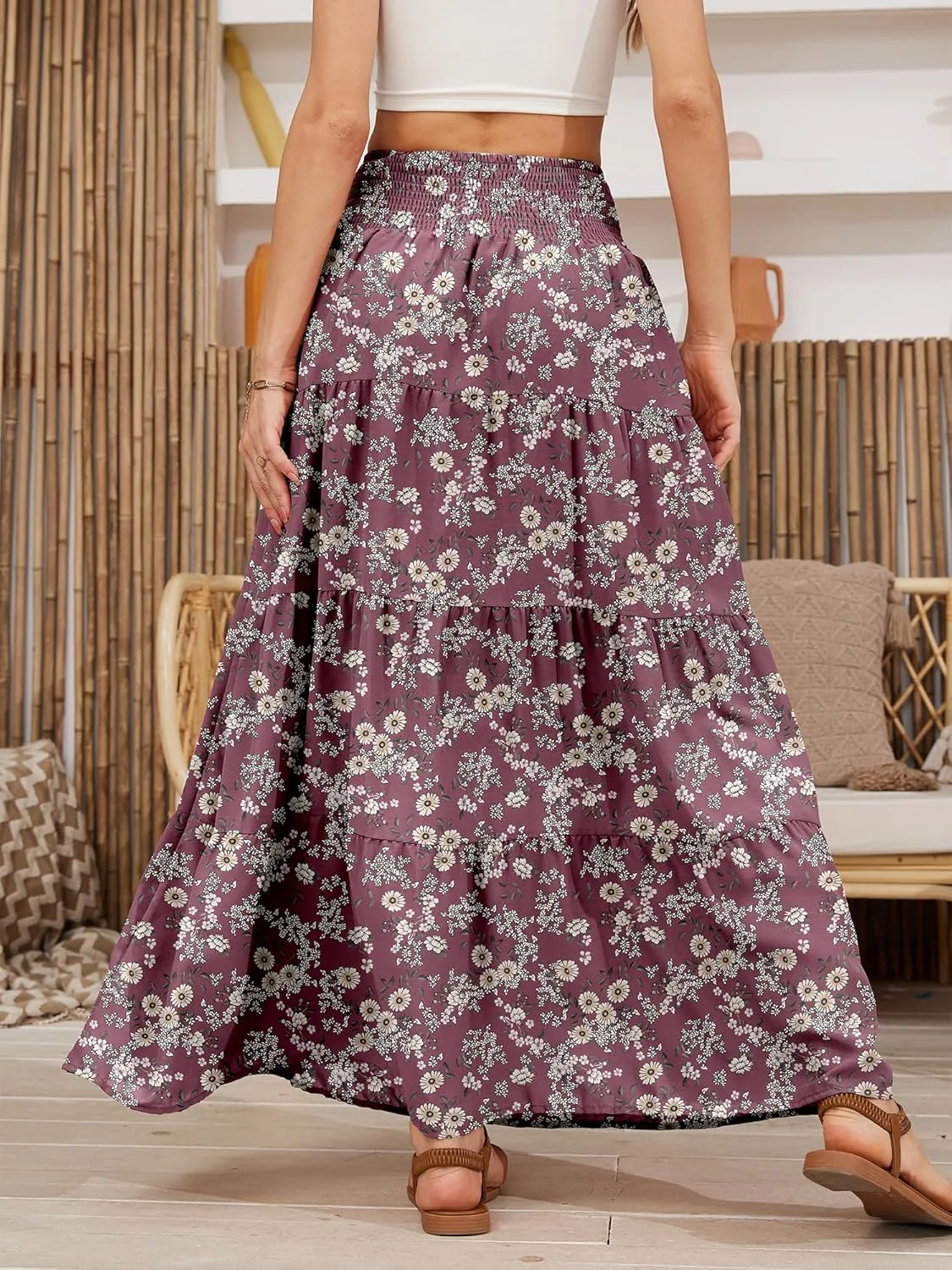 Womens Ruffle Maxi Skirts:High-Waist Elastic Pleated Long Skirt-Summer Casual Boho Flowy Skirts with Drawstring