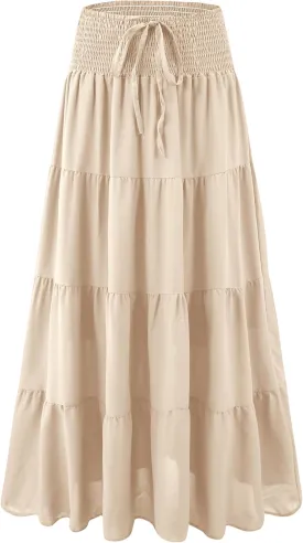 Womens Ruffle Maxi Skirts:High-Waist Elastic Pleated Long Skirt-Summer Casual Boho Flowy Skirts with Drawstring
