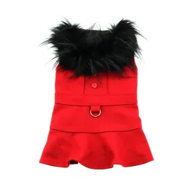 Wool Fur Trimmed Dog Harness Coat Red